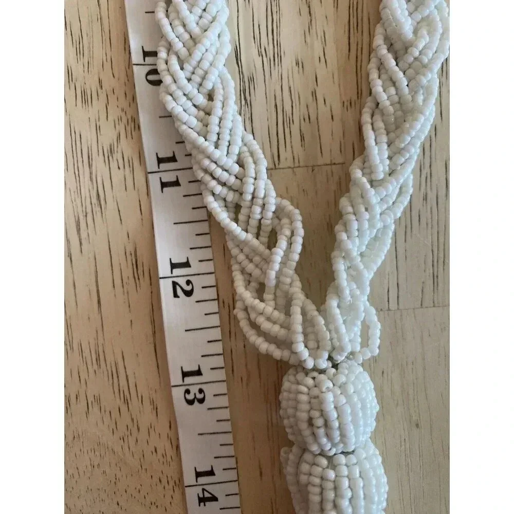 Vintage Braided White Beaded Tassel Necklace. 25” Adjustable.‎
